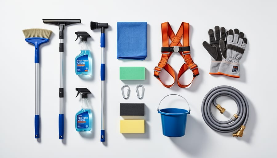 Assorted solar panel cleaning kit tools including brush, squeegee, microfiber cloths, and extension pole