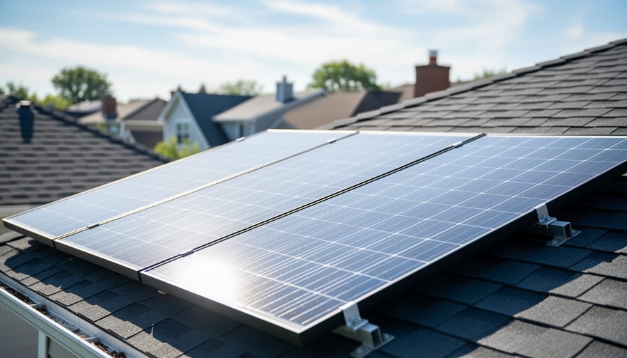 High-efficiency solar panels mounted on a modern home roof in bright daylight.
