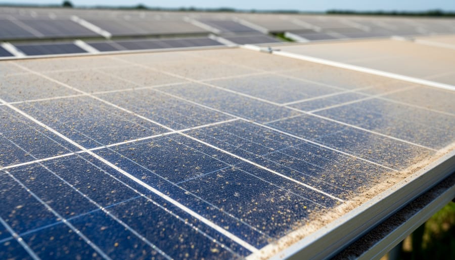 Solar panels with visible dust and residue on the surface