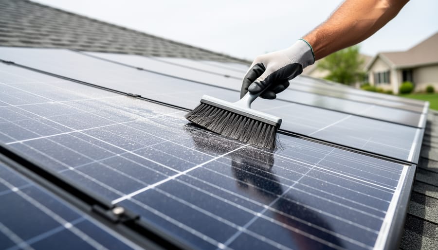 Close-up of dusty solar panels on a residential rooftop while a soft-bristle brush and squeegee clean the panel surface.