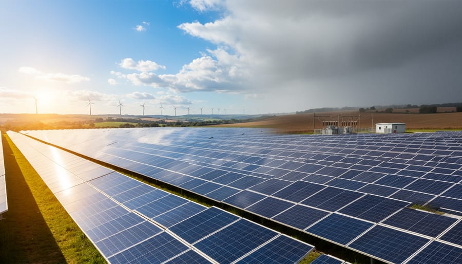 Solar panels on a roof under partly cloudy sky with sun rays