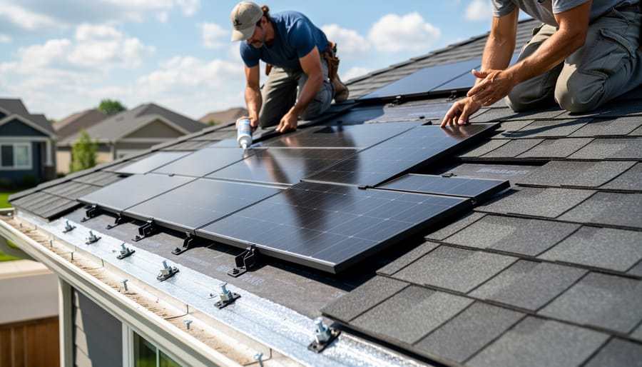 Installer aligning solar shingle tiles on a residential roof under overcast daylight
