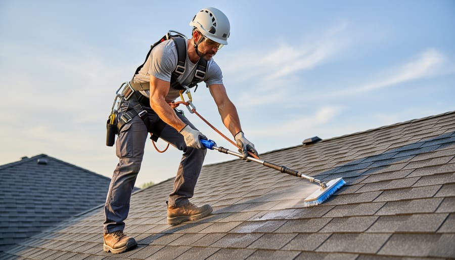 Technician using a soft brush on solar panels while wearing safety harness equipment
