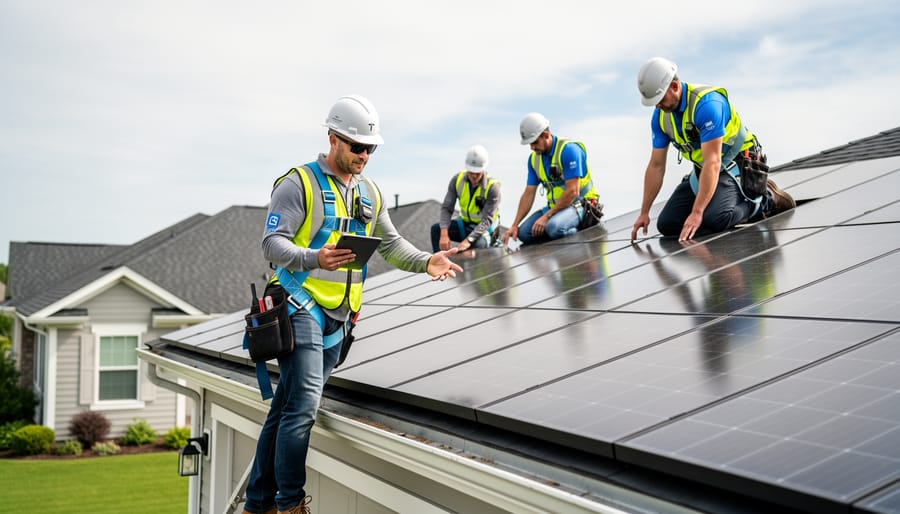 Certified workers inspecting a residential roof covered with dark tempered-glass solar roof tiles during a professional Tesla Solar Roof installation.