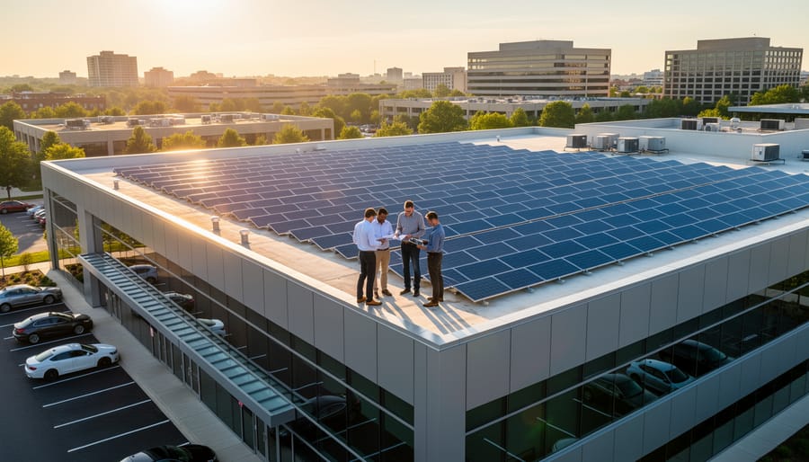Rooftop solar panels installed on an industrial commercial building under an overcast sky.