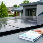 Residential rooftop solar panels under bright overcast light with a homeowner hand holding a folder near the panels, representing federal residential solar credit changes.