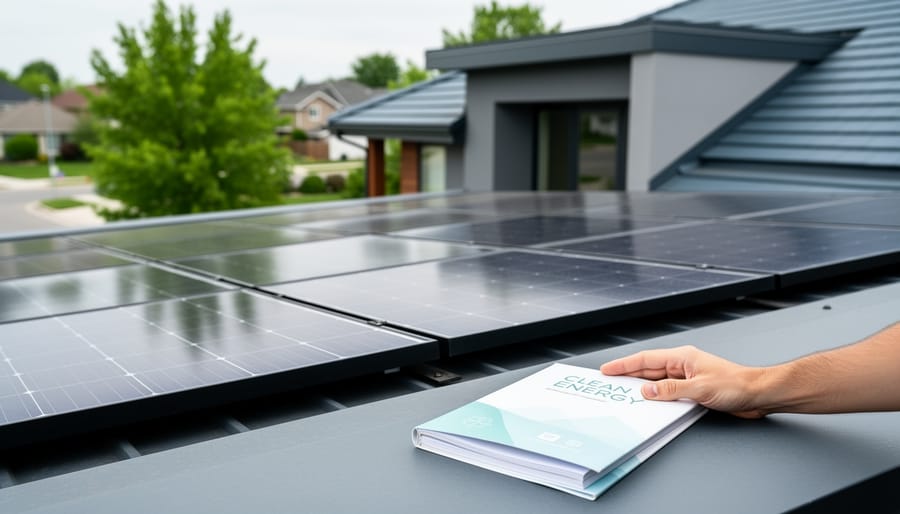 Residential rooftop solar panels under bright overcast light with a homeowner hand holding a folder near the panels, representing federal residential solar credit changes.