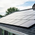 “Angle view of a home roof showing flush-mounted solar shingles integrated into asphalt shingles during professional installation.”