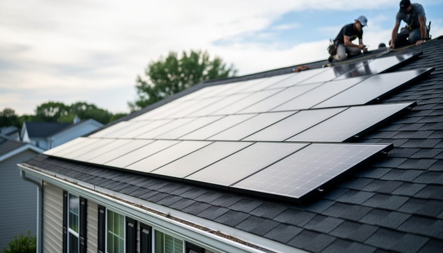“Angle view of a home roof showing flush-mounted solar shingles integrated into asphalt shingles during professional installation.”