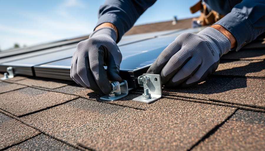 Close-up of gloved hands positioning solar shingles on a roof