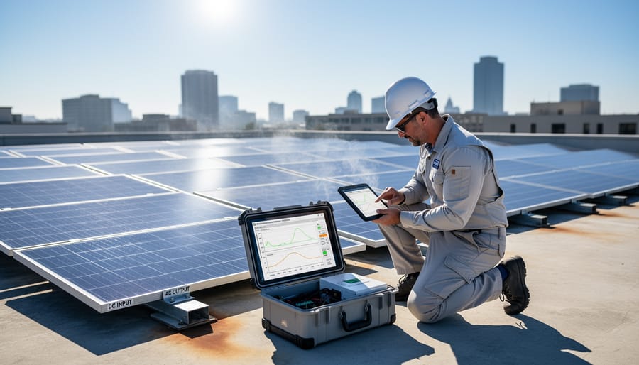 Homeowner observing rooftop solar panels under bright summer sunlight