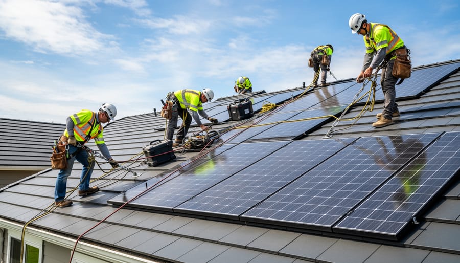 Installer using fall protection while working on a solar shingle roof