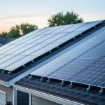 Residential rooftops covered with modern solar panels viewed at a slight angle in soft dawn light, illustrating n-type versus p-type panel options.