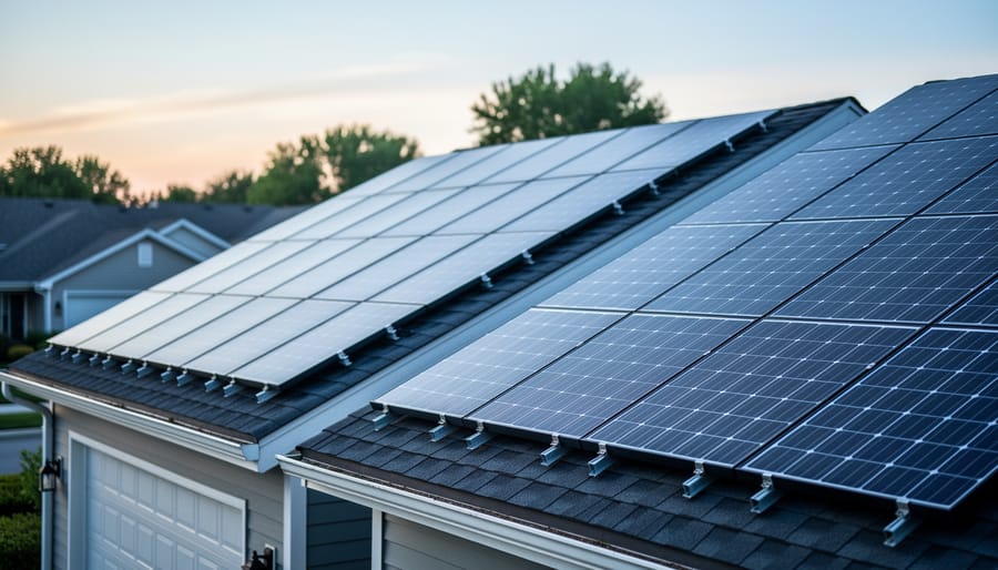 Residential rooftops covered with modern solar panels viewed at a slight angle in soft dawn light, illustrating n-type versus p-type panel options.