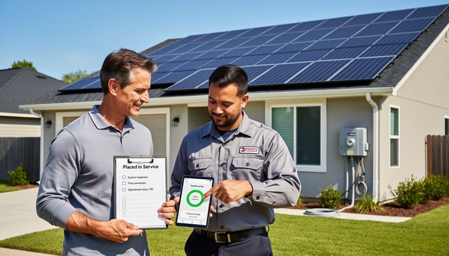 Homeowner and installer standing near a residential solar panel array after installation.