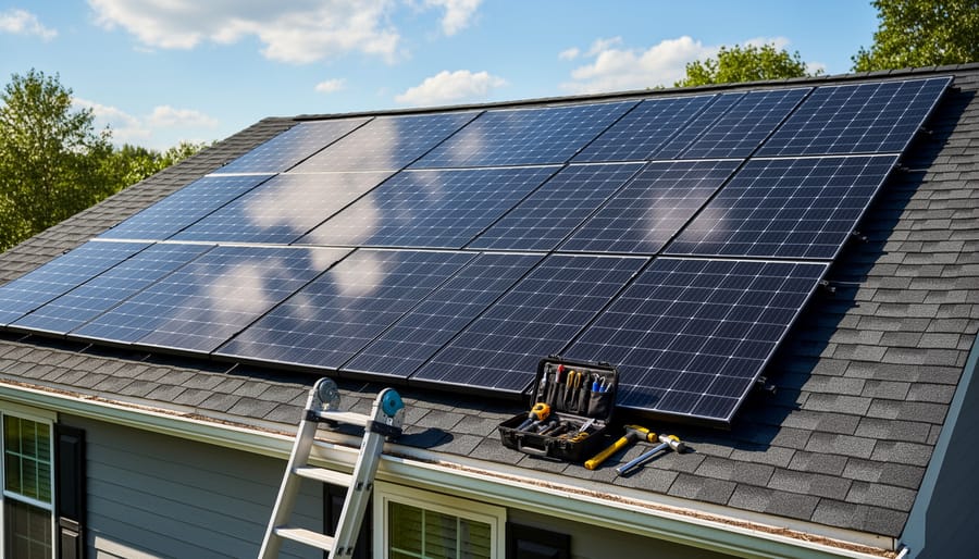 Residential roof-mounted solar panels under a bright overcast sky