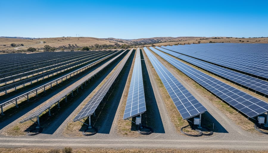 Solar farm with long rows of panels illuminated by golden hour sunlight
