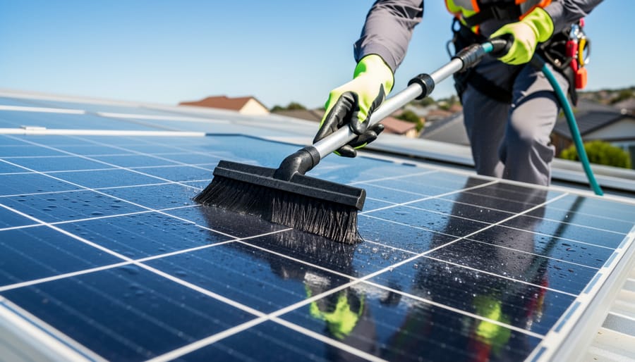 Gloved hands cleaning a solar panel with a soft brush and spray nozzle