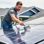 Homeowner cleaning rooftop solar panels with a soft brush and garden hose under bright daylight.