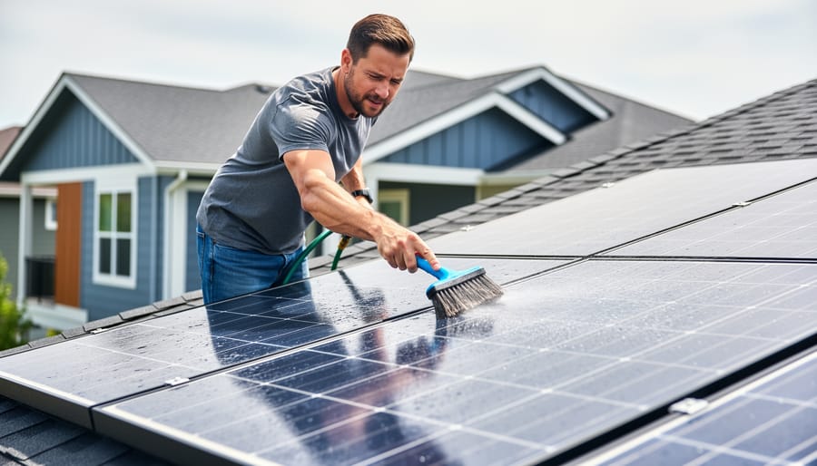 Homeowner cleaning rooftop solar panels with a soft brush and garden hose under bright daylight.